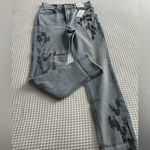 Express Beaded Embellishes Denim Blue Jeans